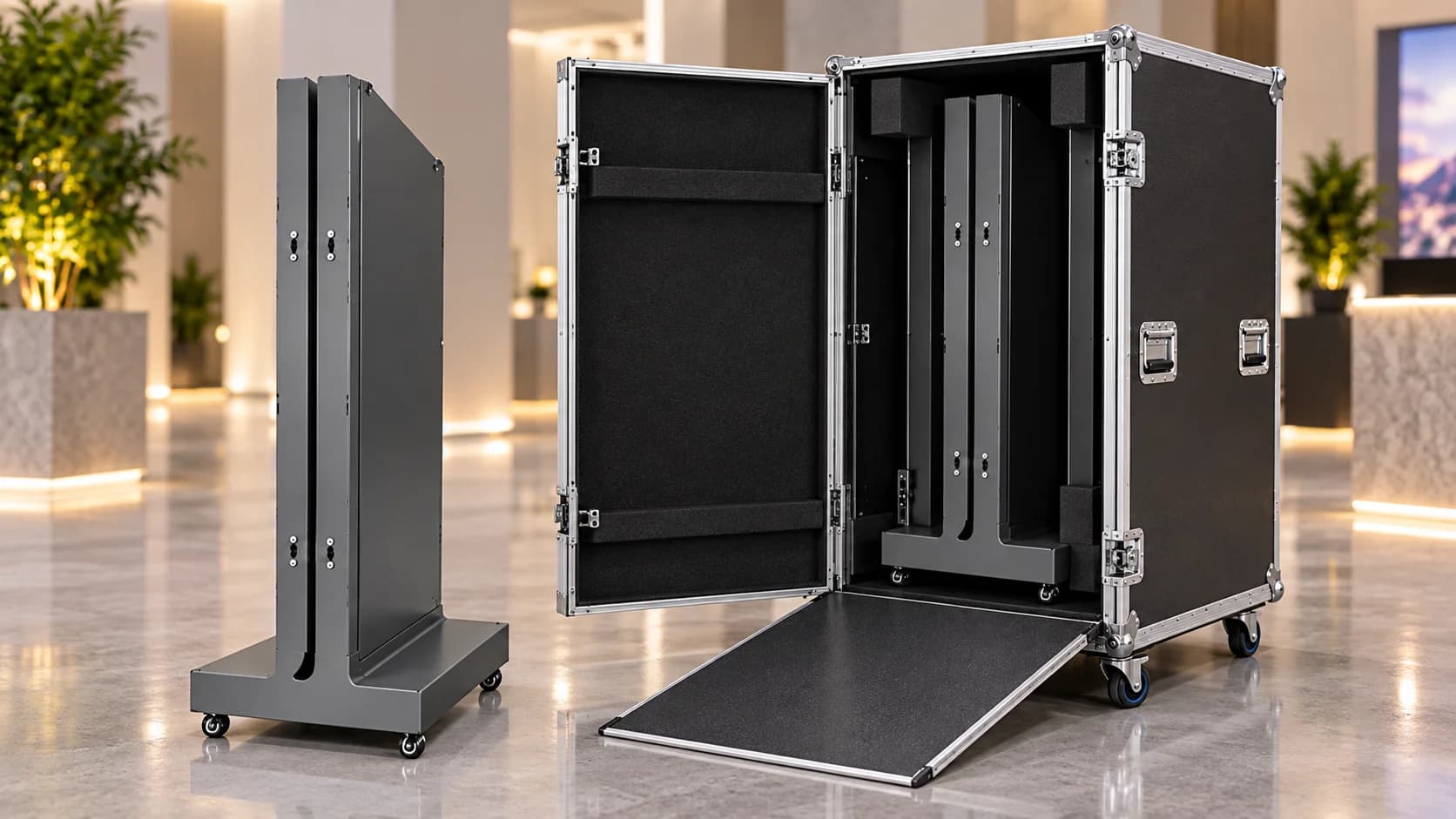 Folded LED poster next to its protective wheeled flight case