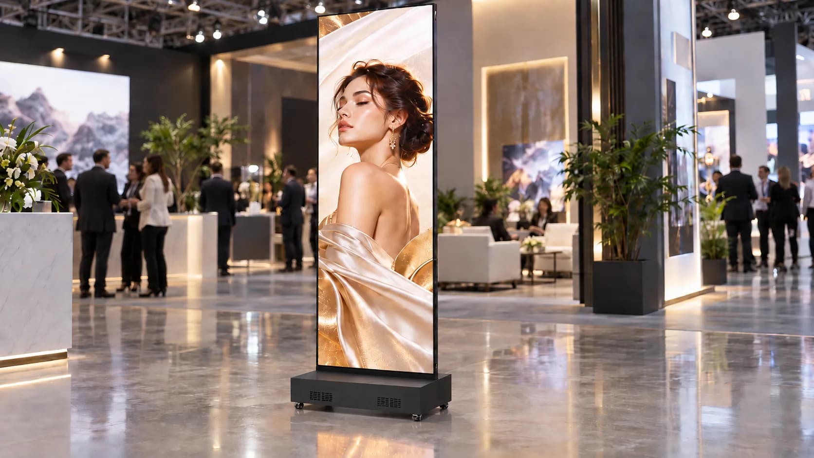 Standalone LED poster displaying a fashion campaign at an exhibition